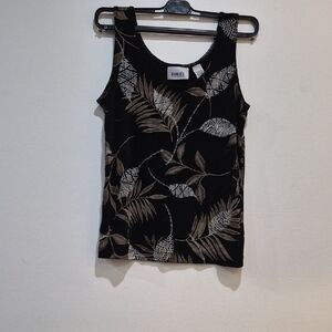 Chico's Black Botanical Scoop Neck Tank with Tan & White Print